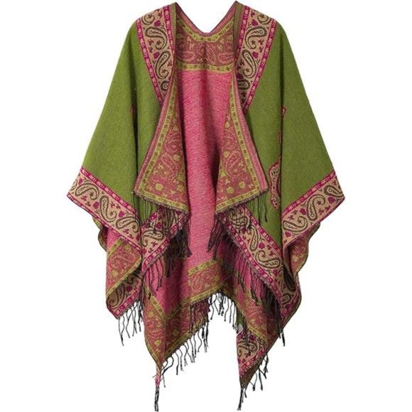 Women's Retro Style Vintage Pattern Tassel Poncho Shawl Cape Wraps For Women - Picture 7 of 7